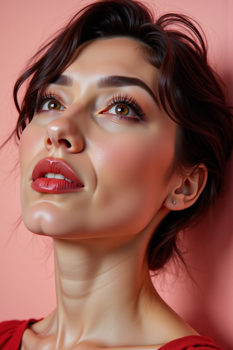 Close-up hyperrealistic beauty portrait of an Asian-Japanese woman with textured black short hair,  looking upwards with p...