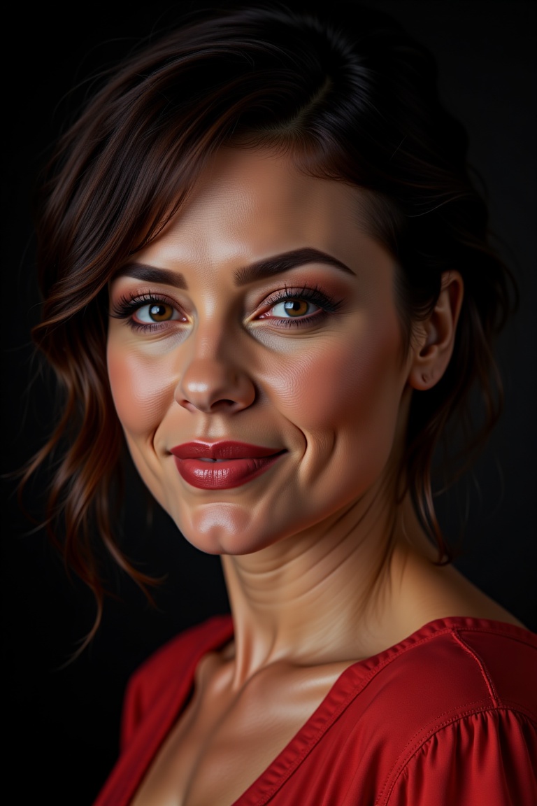Primer plano de una modelo latina con cabello corto negro texturizado,  labios pintados de rojo intenso con glitter,  ojos...