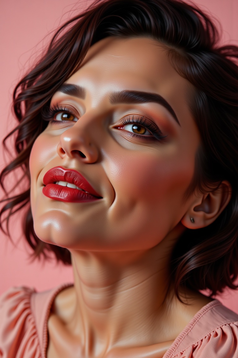 Close-up hyperrealistic beauty portrait of a Latina model with textured black short hair,  looking upwards with parted red...