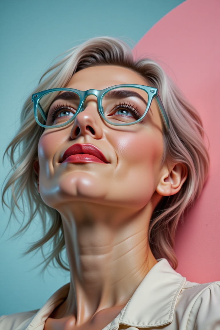 Close-up hyperrealistic beauty portrait of an Asian-Japanese woman with textured gray hair,  looking upwards with parted r...