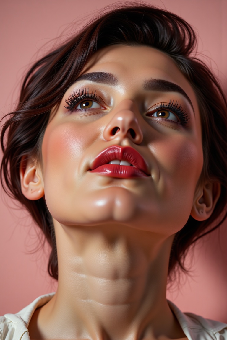 Close-up hyperrealistic beauty portrait of an Asian-Japanese woman with textured black short hair,  looking upwards with p...