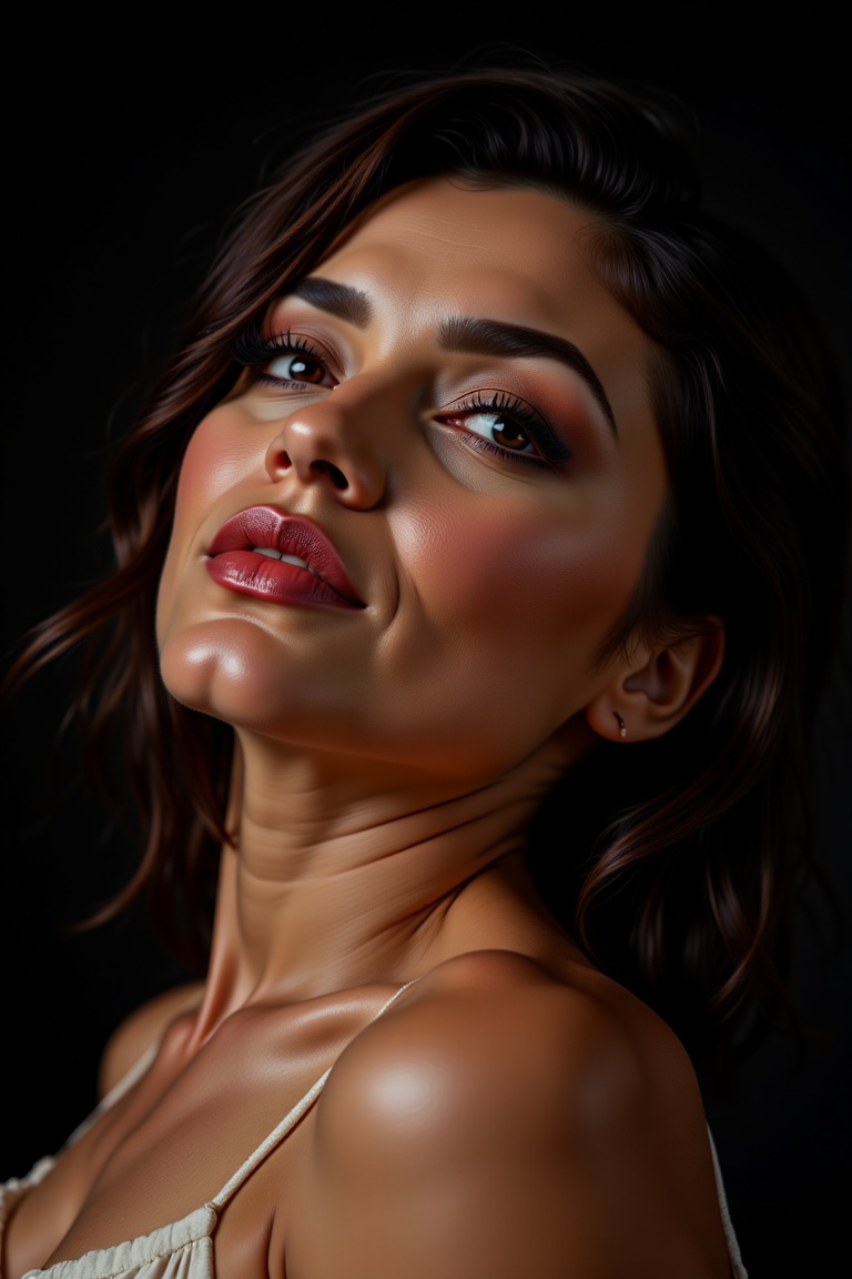 Close-up hyperrealistic beauty portrait of a Latina model with textured black short hair,  looking upwards,  parted red gl...