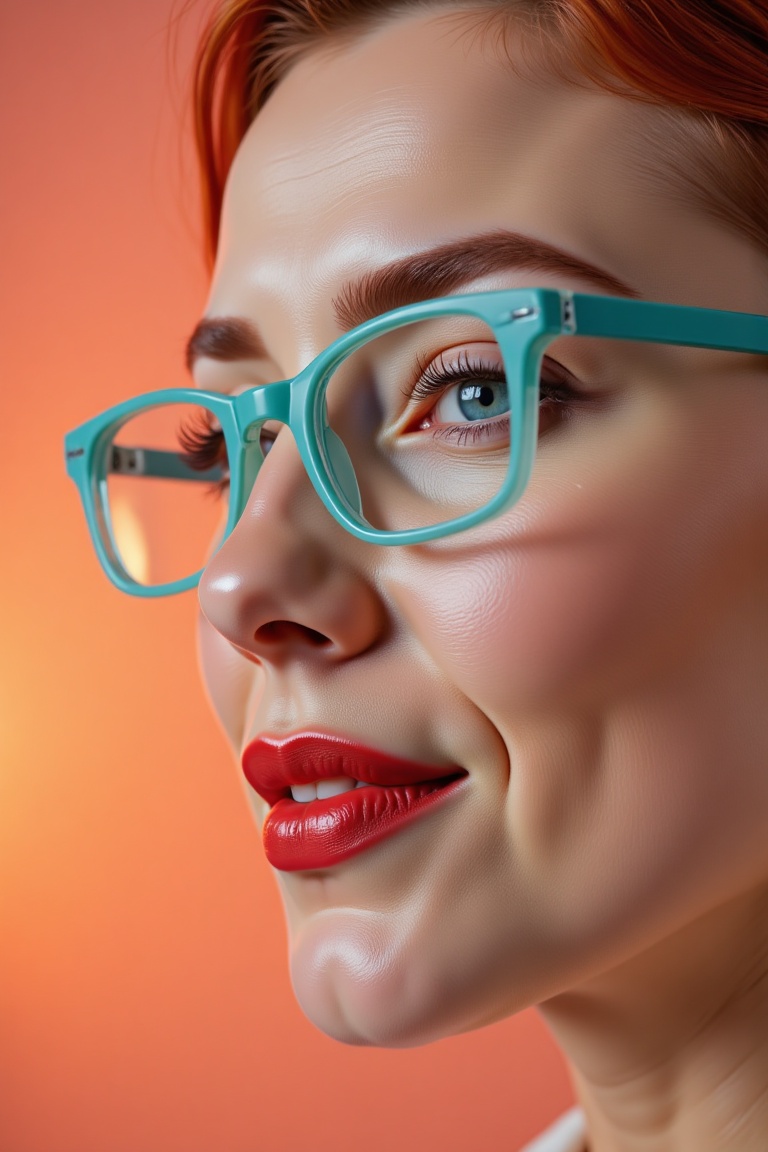 Close-up hyperrealistic portrait of a 20-year-old woman with a very youthful appearance,  posing in profile while gazing s...