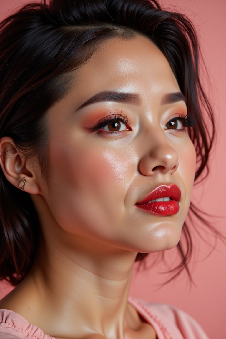 Close-up hyperrealistic beauty portrait of an Asian-Japanese woman with textured black short hair,  looking upwards with p...
