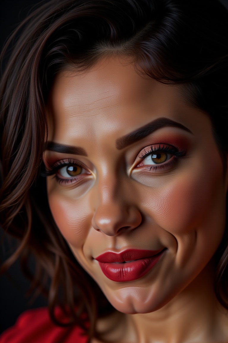 Primer plano de una modelo latina con cabello corto negro texturizado,  labios pintados de rojo intenso con glitter,  ojos...