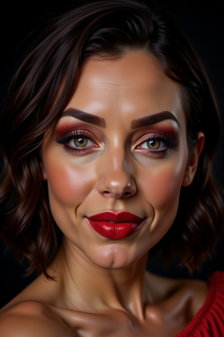 Primer plano de una modelo latina con cabello corto negro texturizado,  labios pintados de rojo intenso con glitter,  somb...