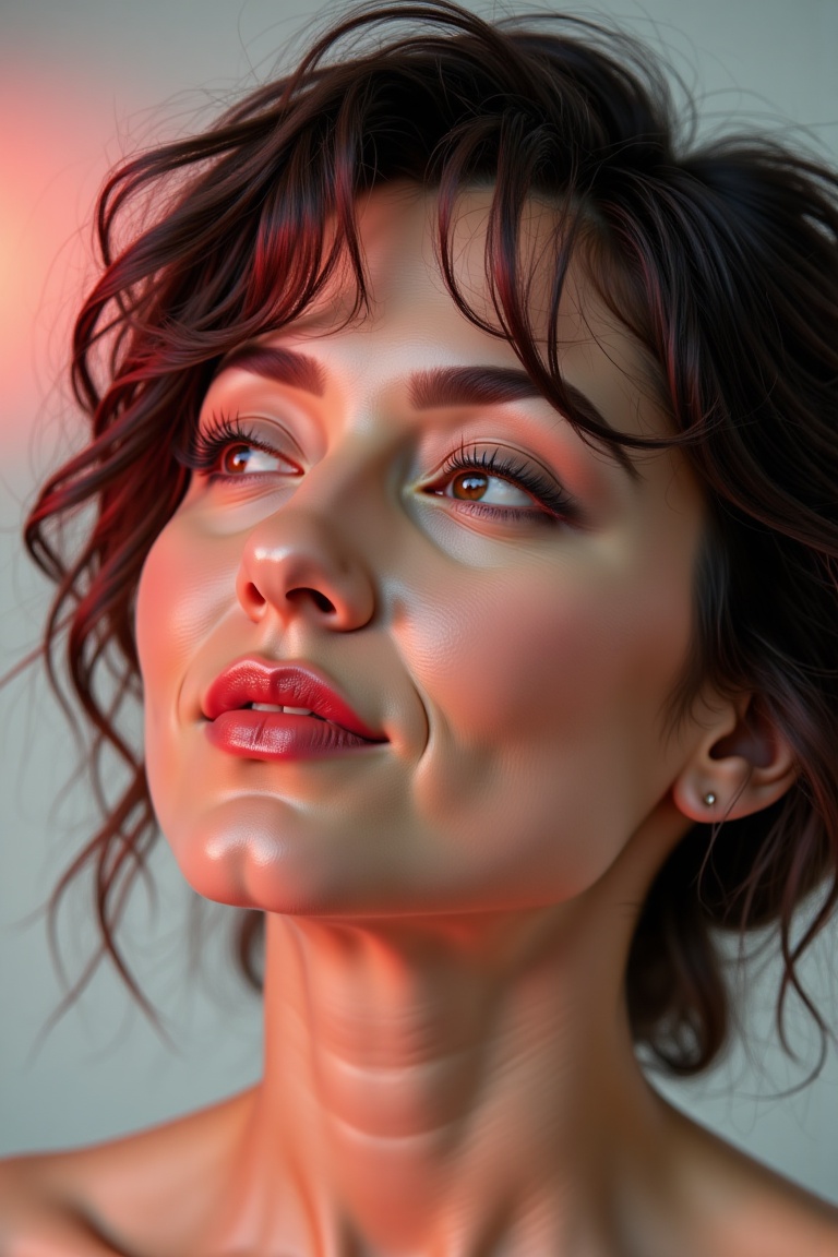 Close-up hyperrealistic beauty portrait of an Asian-Japanese woman with textured black short hair,  looking upwards with p...