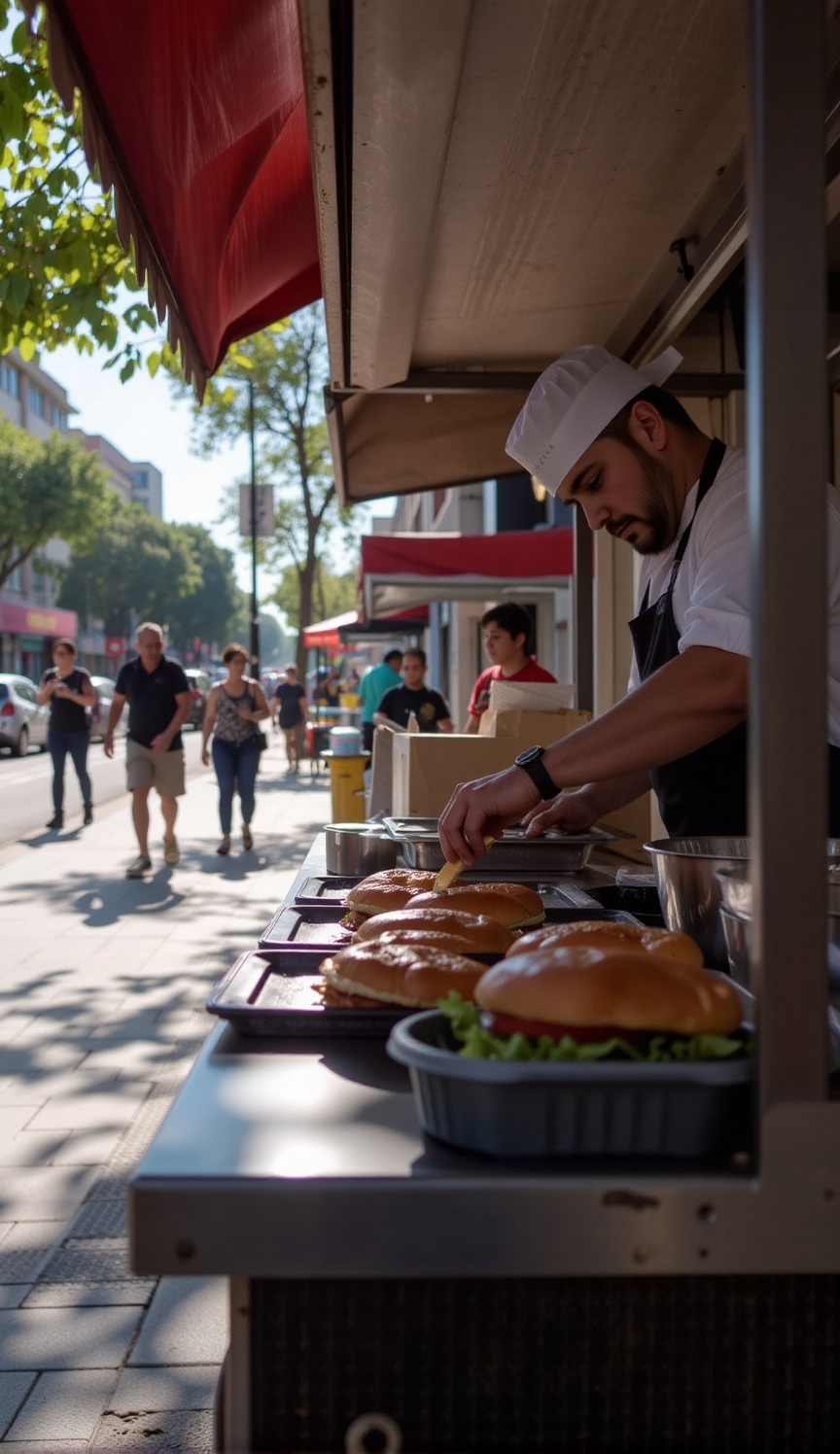 close-up of a chef cooking burger at burger stall on walkway,  shadow foliage,  sunlight. town on Tensor.Art