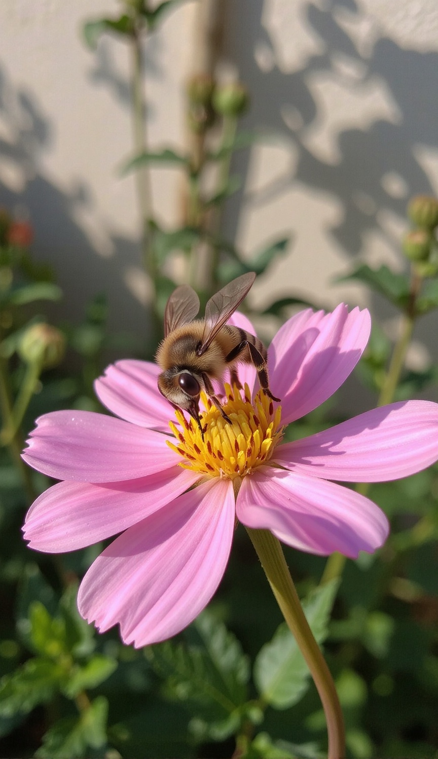 macro close-up of bee fly over a flower,  shadow foliage,  sunlight. town on Tensor.Art