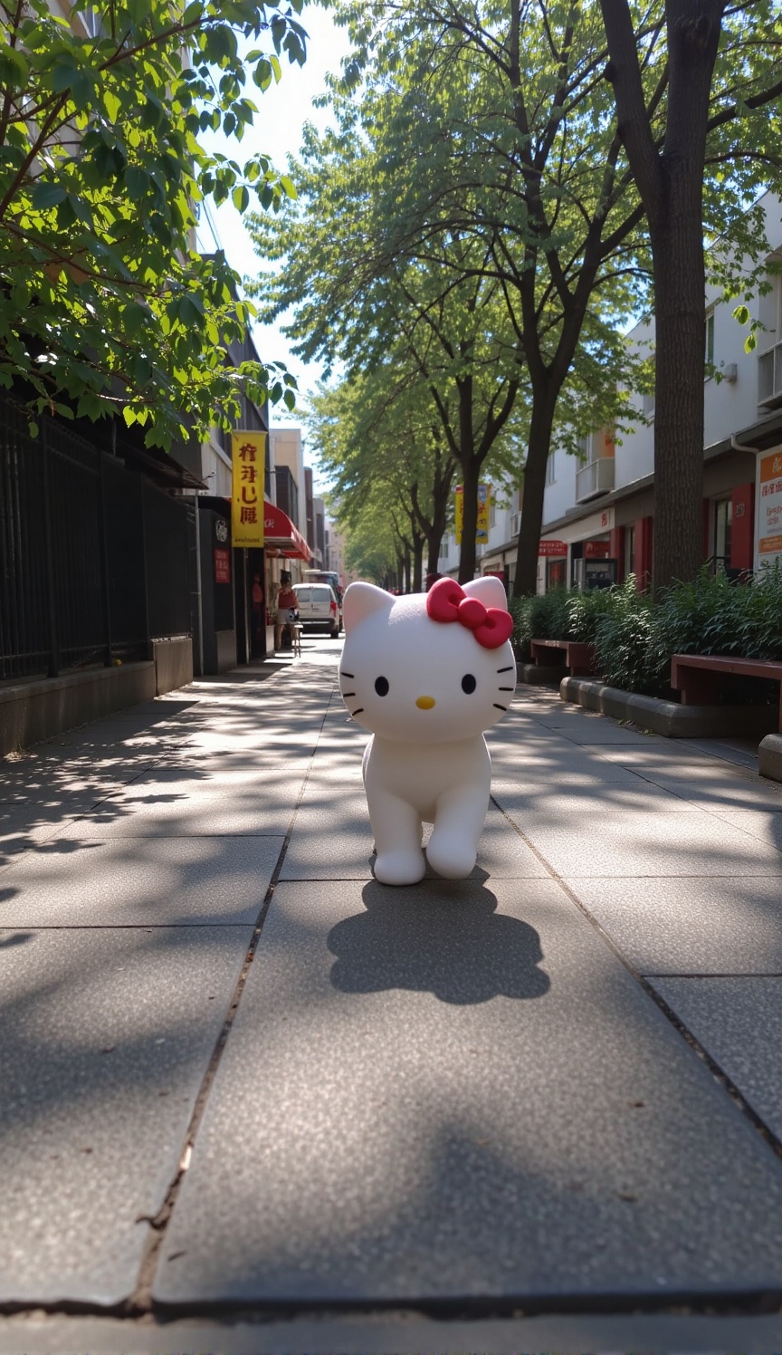 hello kitty walking on walkway,  shadow foliage,  sunlight. town on Tensor.Art