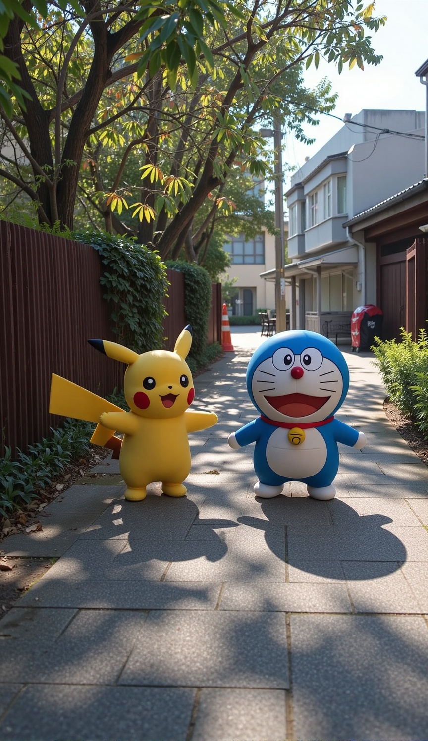 pikachu and doraemon walking on walkway,  shadow foliage,  sunlight. town on Tensor.Art