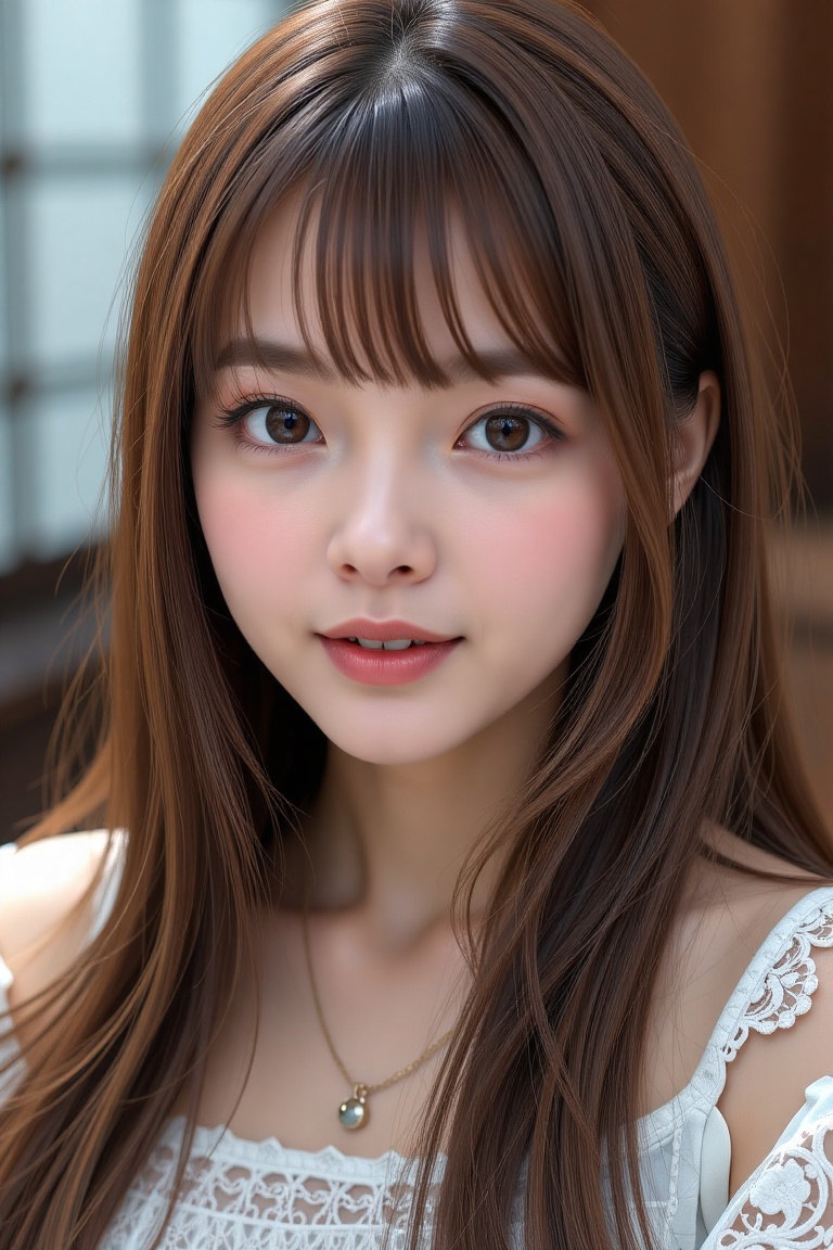 16K,  UHD:1.2,  1girl solo long hair looking at viewer bangs brown hair hair between eyes parted lips choker lips brown ey...