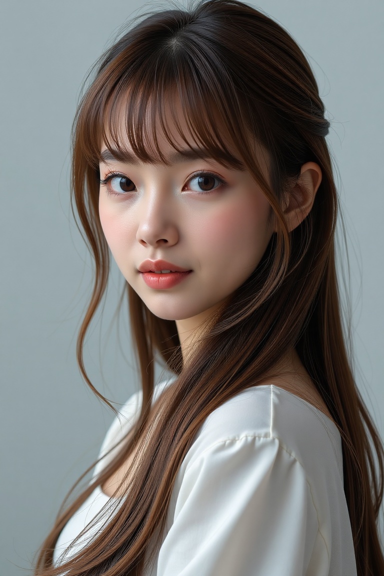 16K,  UHD:1.2,  1girl solo long hair looking at viewer bangs brown hair parted lips brown eyes portrait realistic on Tenso...