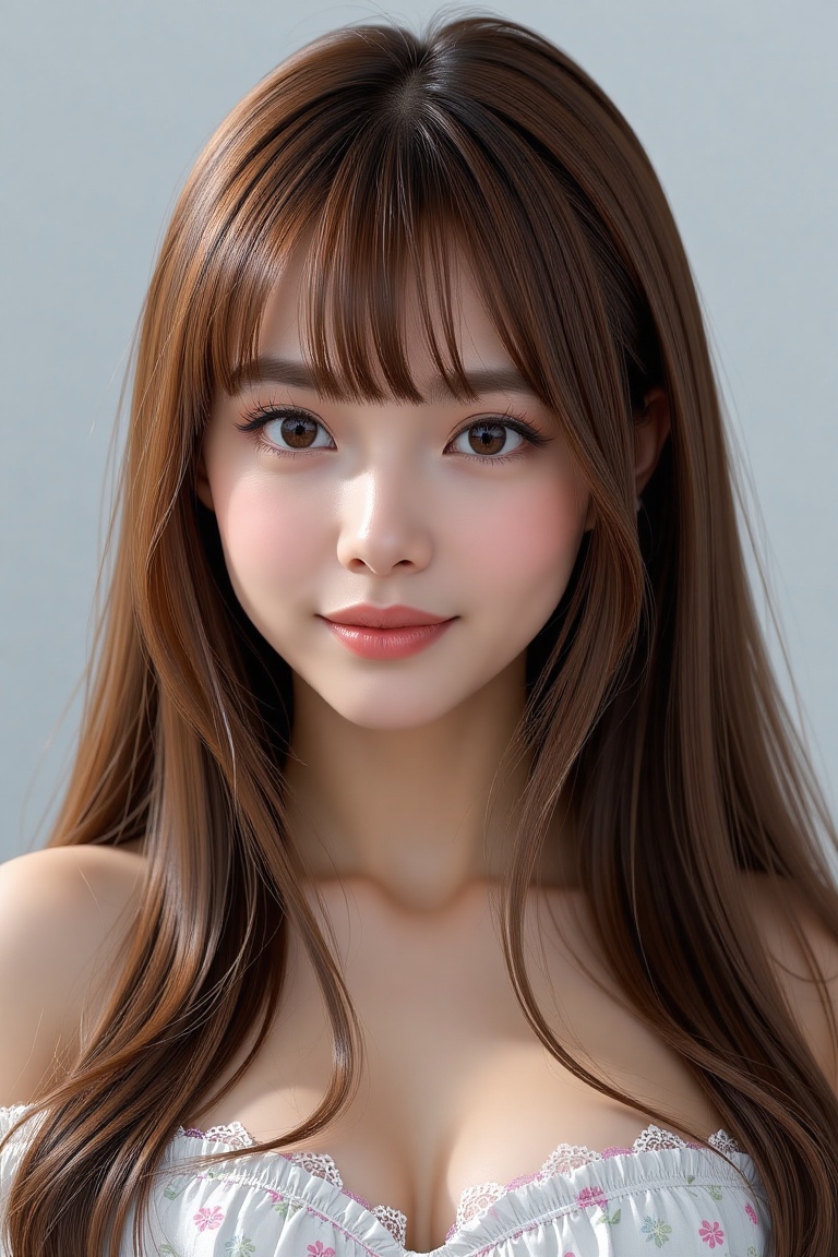 16K,  UHD:1.2,  1girl solo long hair looking at viewer bangs brown hair breasts parted lips brown eyes portrait realistic...