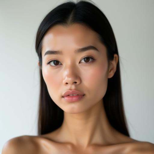 A beautiful Southeast Asian woman with a softly defined oval face and balanced bone structure. She has high,  smooth cheek...