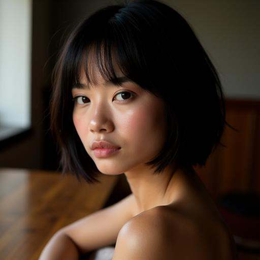 A beautiful Southeast Asian woman with golden tan skin,  an oval face,  almond-shaped dark brown eyes on Tensor.Art