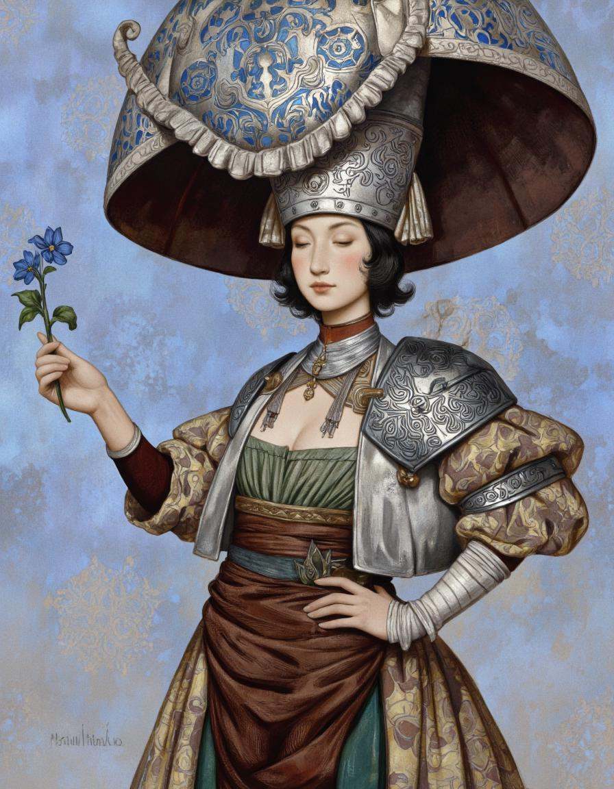 DaroMoura Style. A digital illustration shoot from a portrait camera angle about a woman dressed in ornate armor with a la...