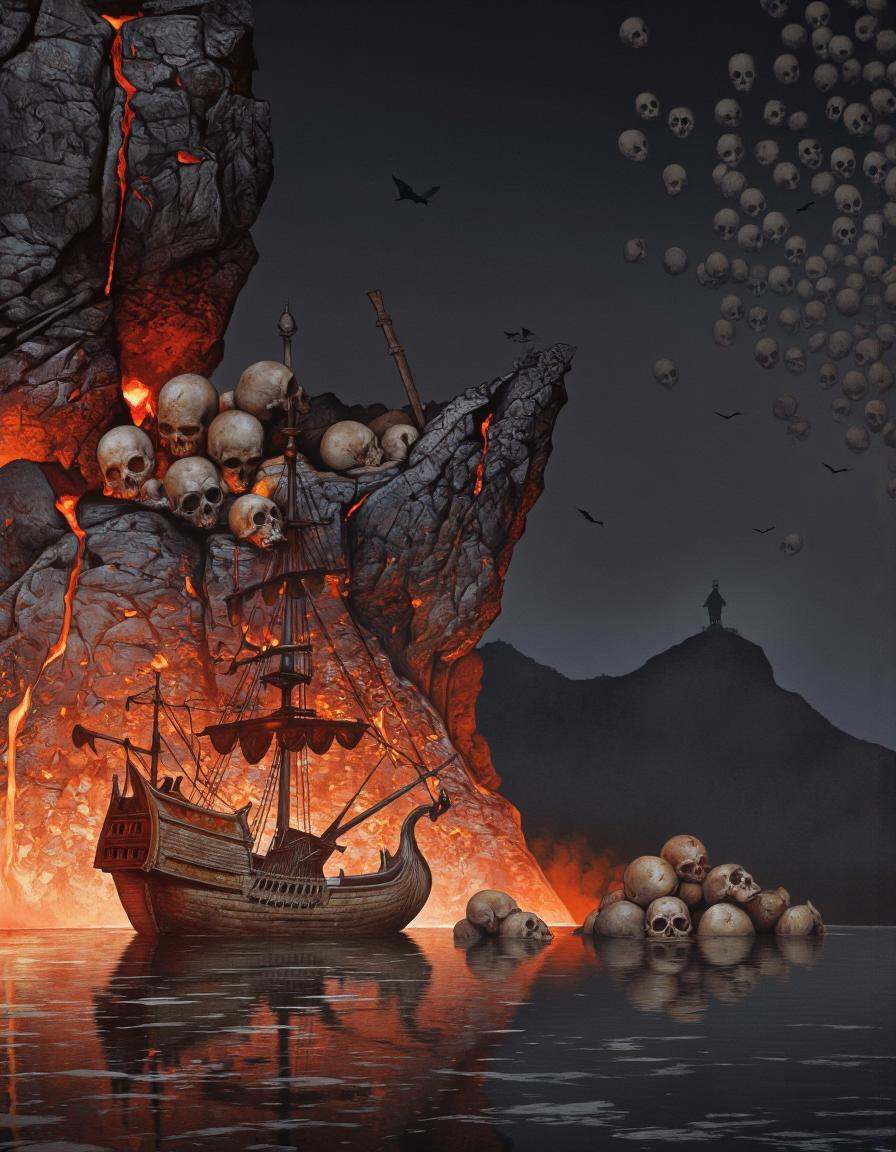 DaroMoura Style. A dark,  eerie digital illustration shoot from a far camera angle,  depicting a dramatic scene of a rocky...