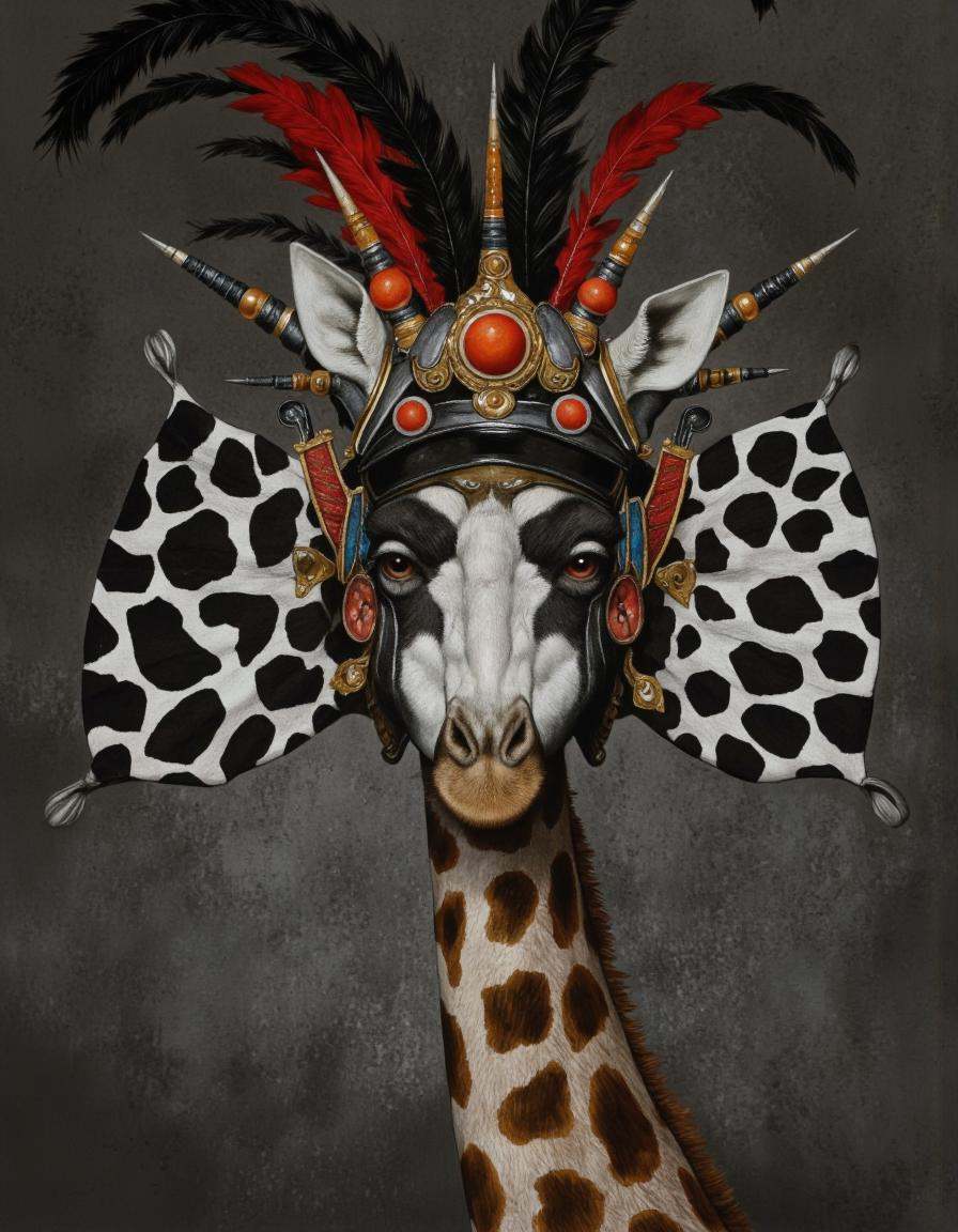 DaroMoura Style. A photo-realistic portrait of a giraffe with a unique,  artistic design,  wearing a black and white spott...