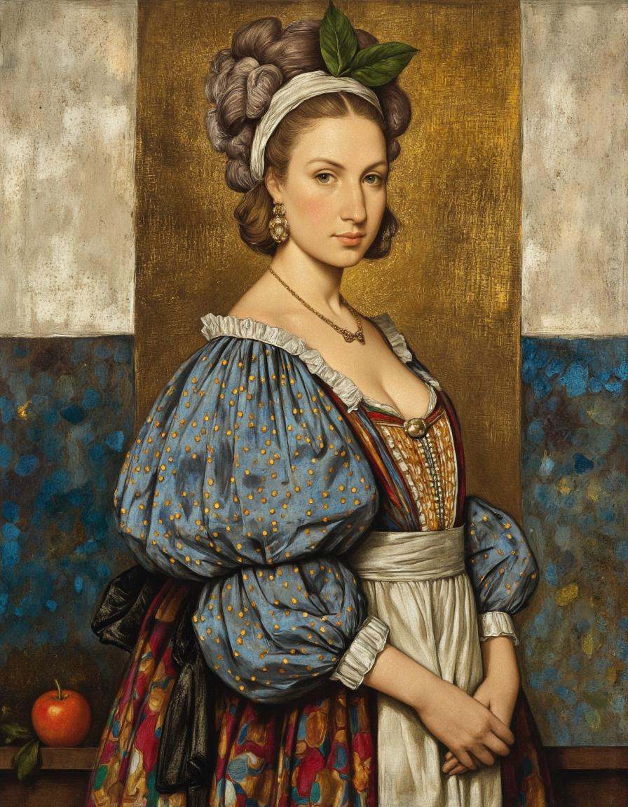 DaroMoura Style. A portrait of a woman,  painted in an ornate style with vibrant colors and intricate details,  set agains...