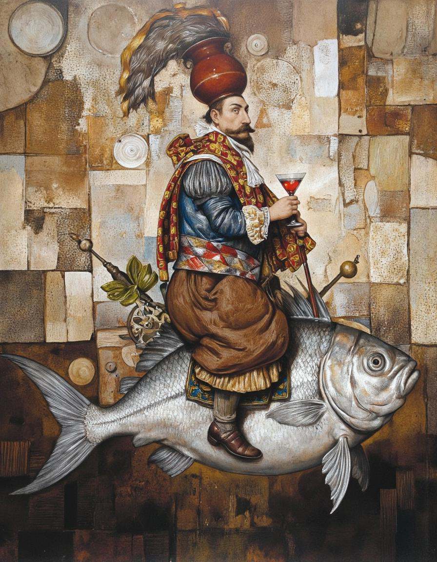 DaroMoura Style. A surrealistic painting of a man riding on the back of a silver fish,  dressed in elaborate medieval clot...
