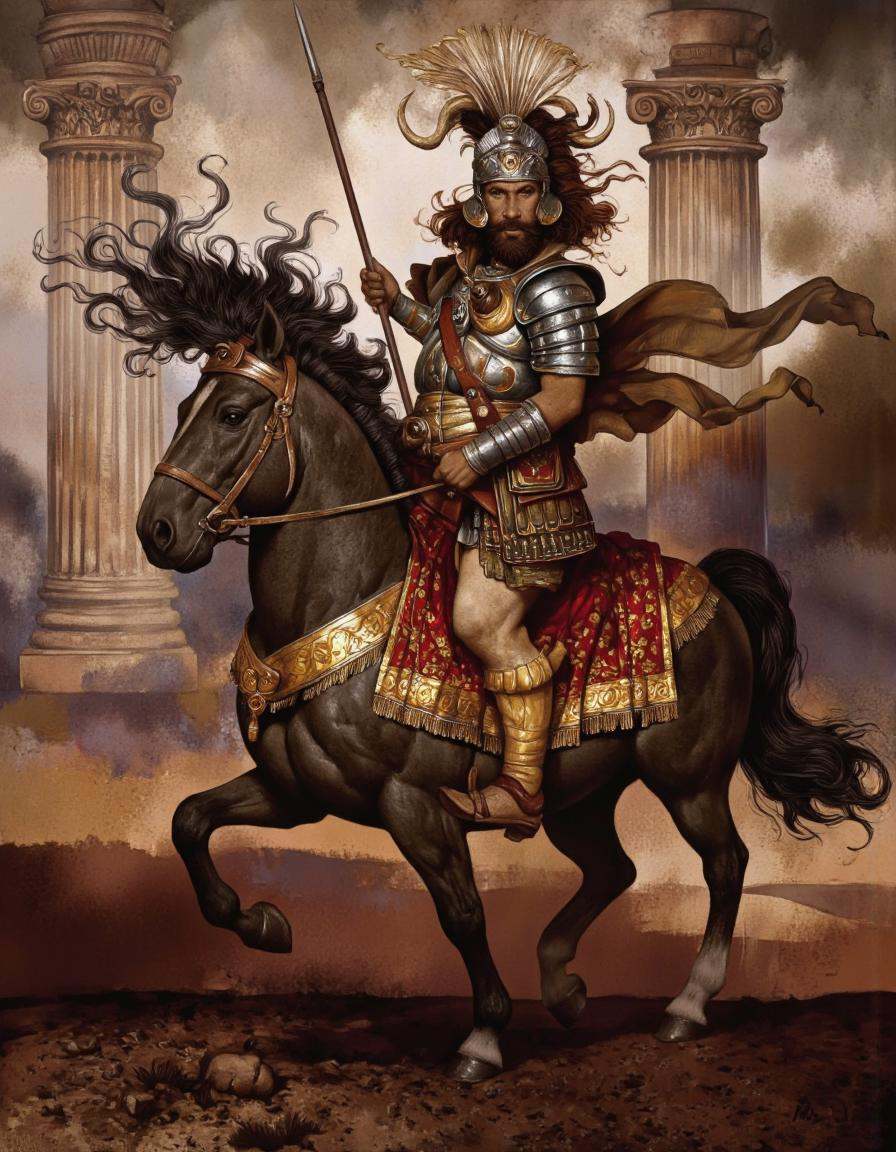 DaroMoura Style. A dramatic digital painting of a muscular,  dark-skinned warrior on horseback,  dressed in ornate armor w...