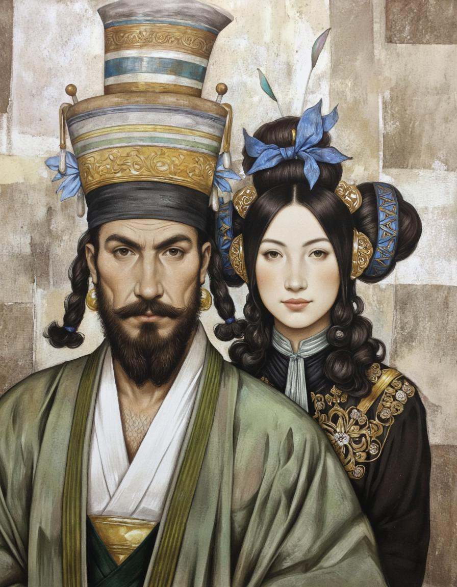 DaroMoura Style. A portrait of a man and a woman,  both dressed in traditional clothing with elaborate headdresses and ela...