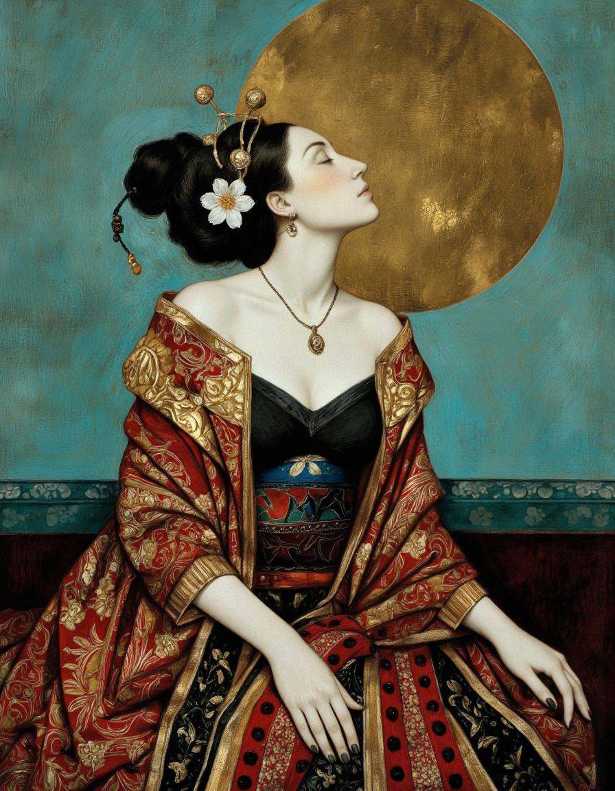 DaroMoura Style. A painting of a woman with pale skin and black hair styled in an elegant updo with a flower in her hair,...