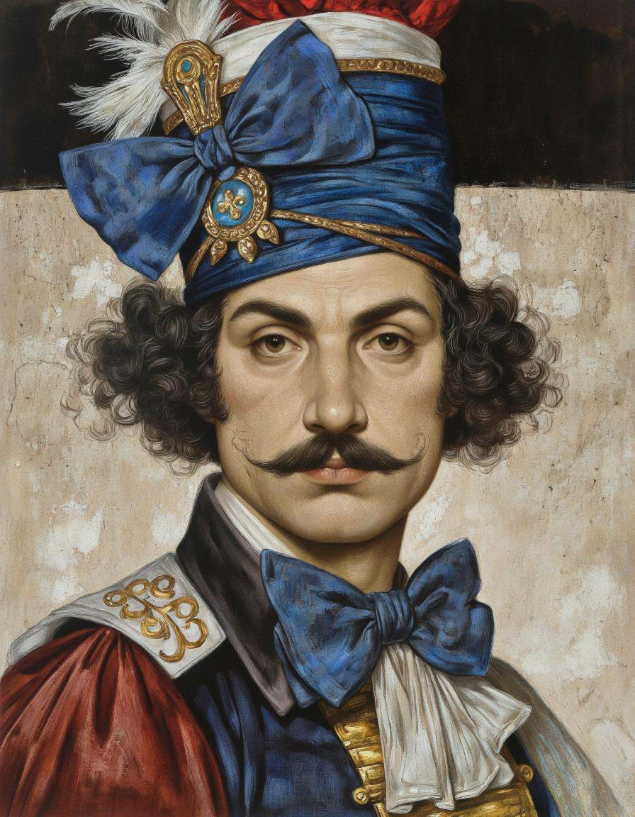 DaroMoura Style. A portrait of a man with a mustache,  painted in a realistic style with a focus on texture and color. the...
