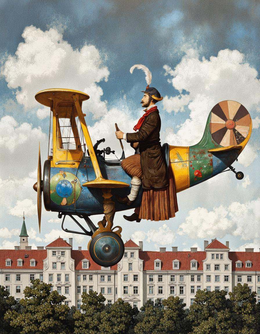 DaroMoura Style. A surreal depiction of a man riding a biplane with a whimsical design,  set against a backdrop of a cloud...