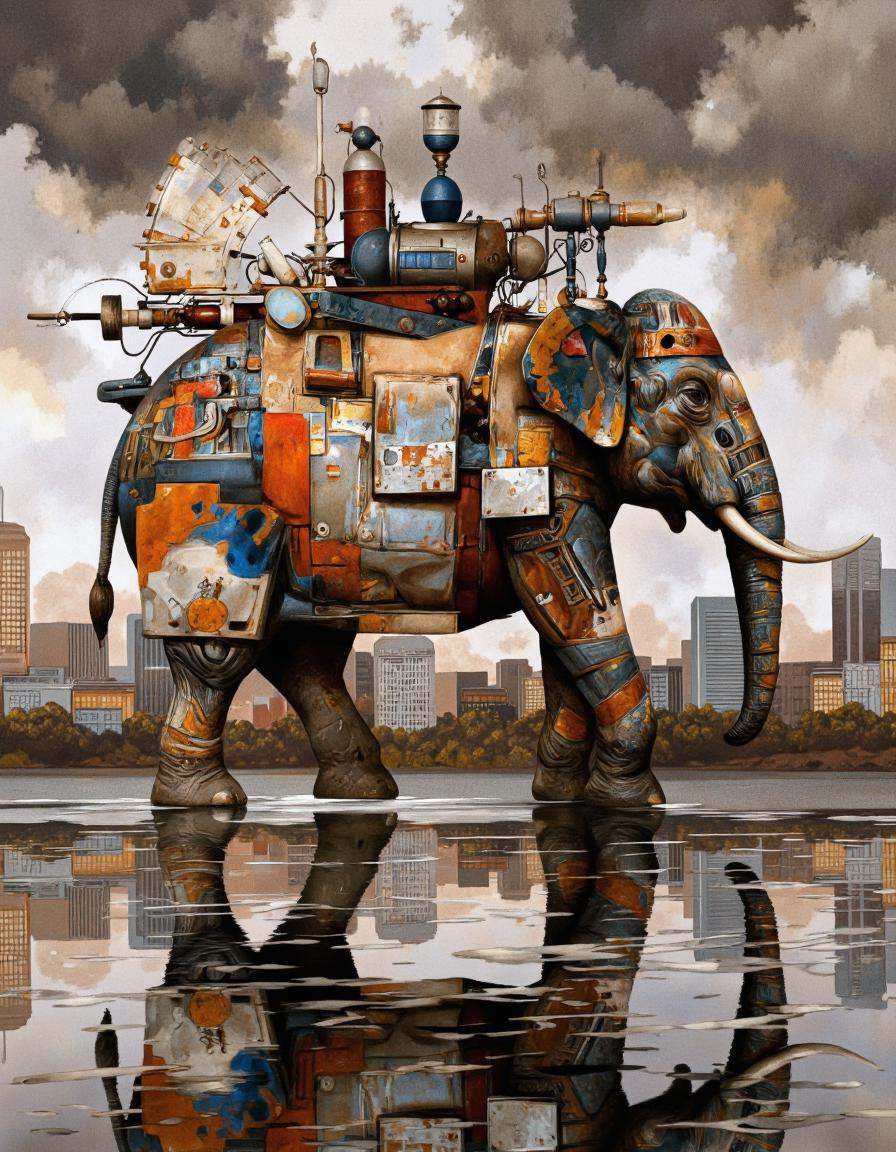 DaroMoura Style. A digital illustration shoot from a frontal camera angle about a stylized elephant made from recycled mat...