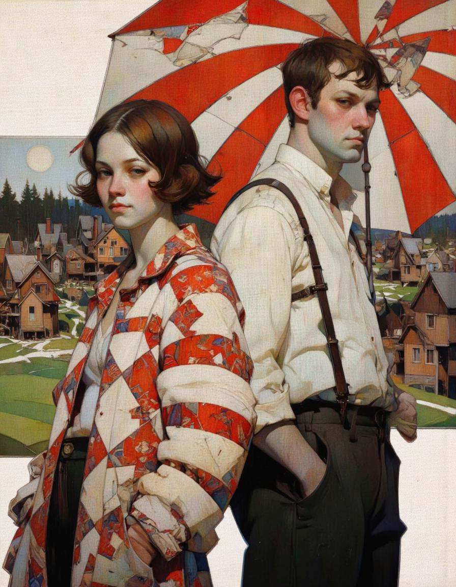 Steve McDonald Art. This is a digital painting featuring two young people standing side by side under a large,  striped um...