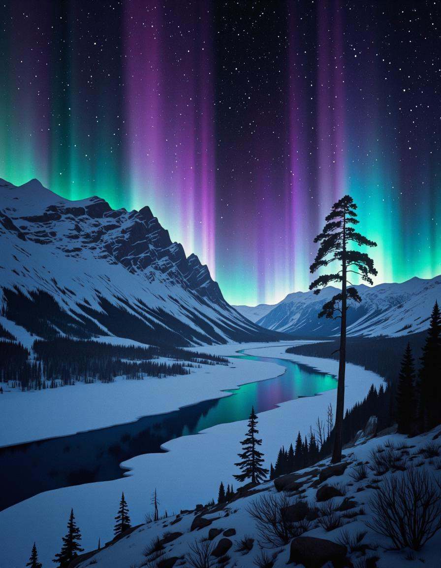 BSMD2 style. A digital illustration shoot from a low angle about a breathtaking display of the aurora borealis over a snow...