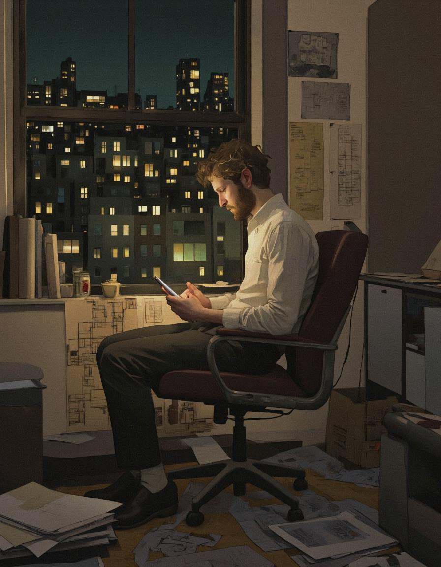 BSMD2 style. A digital illustration shoot from the side about a man sitting alone in a chair in a dimly lit room,  looking...