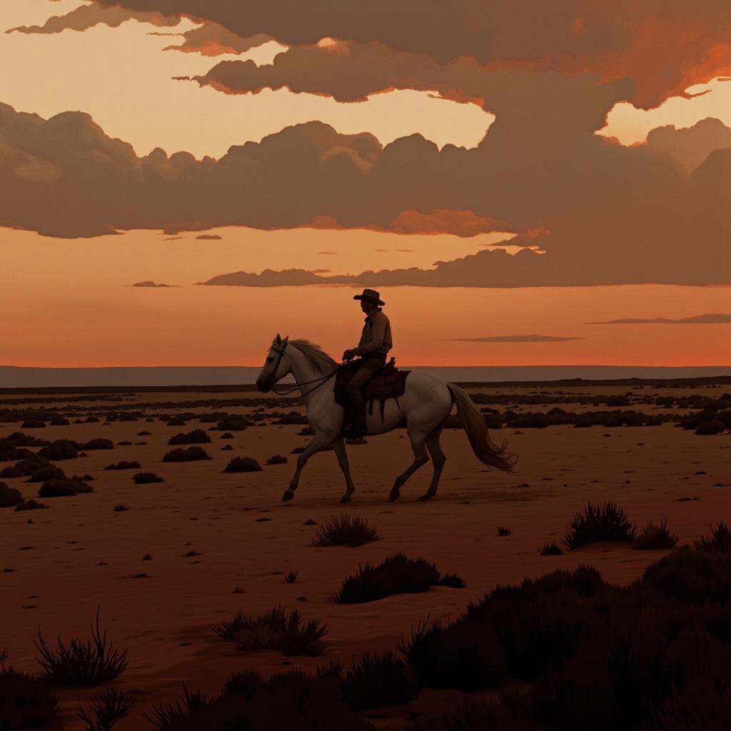 BSMD2 style. A digital illustration shoot from a low angle,  depicting a lone cowboy sitting atop a horse in a vast desert...