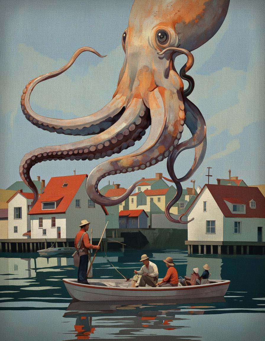 BSMD2 style. A surreal digital illustration shoot from a low angle about a stylized illustration depicting a coastal town...