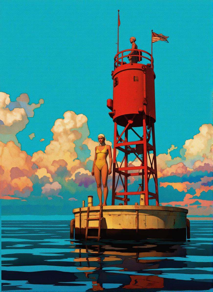 BSMD2 style. A digital illustration of a woman standing on a buoy in the middle of a vast ocean,  wearing a yellow swimsui...