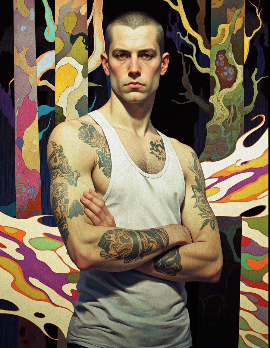 BSMD2 style. A digital illustration shoot from the front about a muscular man with tattoos standing confidently with his a...