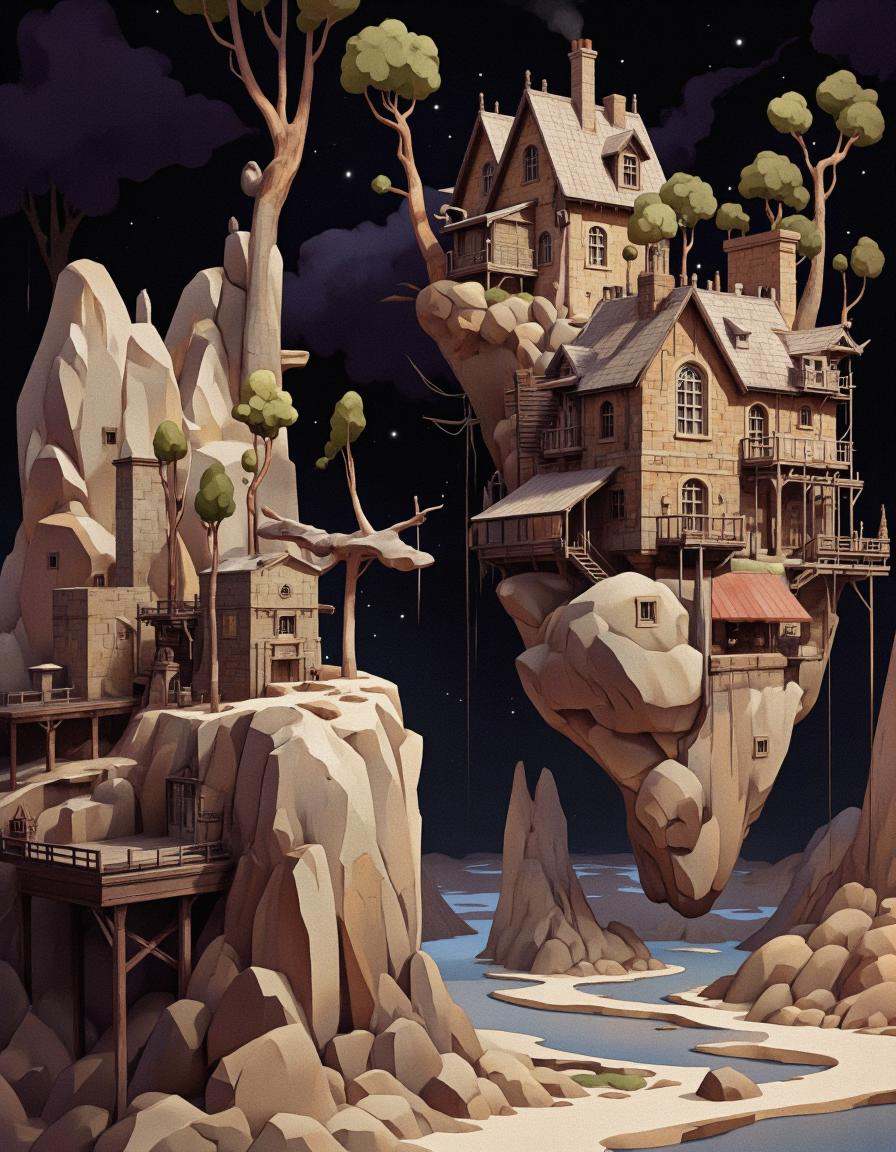 BSMD2 style. A 3d rendering shoot from a low-angle perspective about a stylized,  low-poly illustration of a fantasy villa...