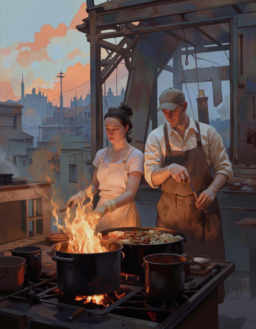 BSMD2 style. A digital illustration shoot from the front about a man and a woman cooking over a fire in a rustic,  industr...