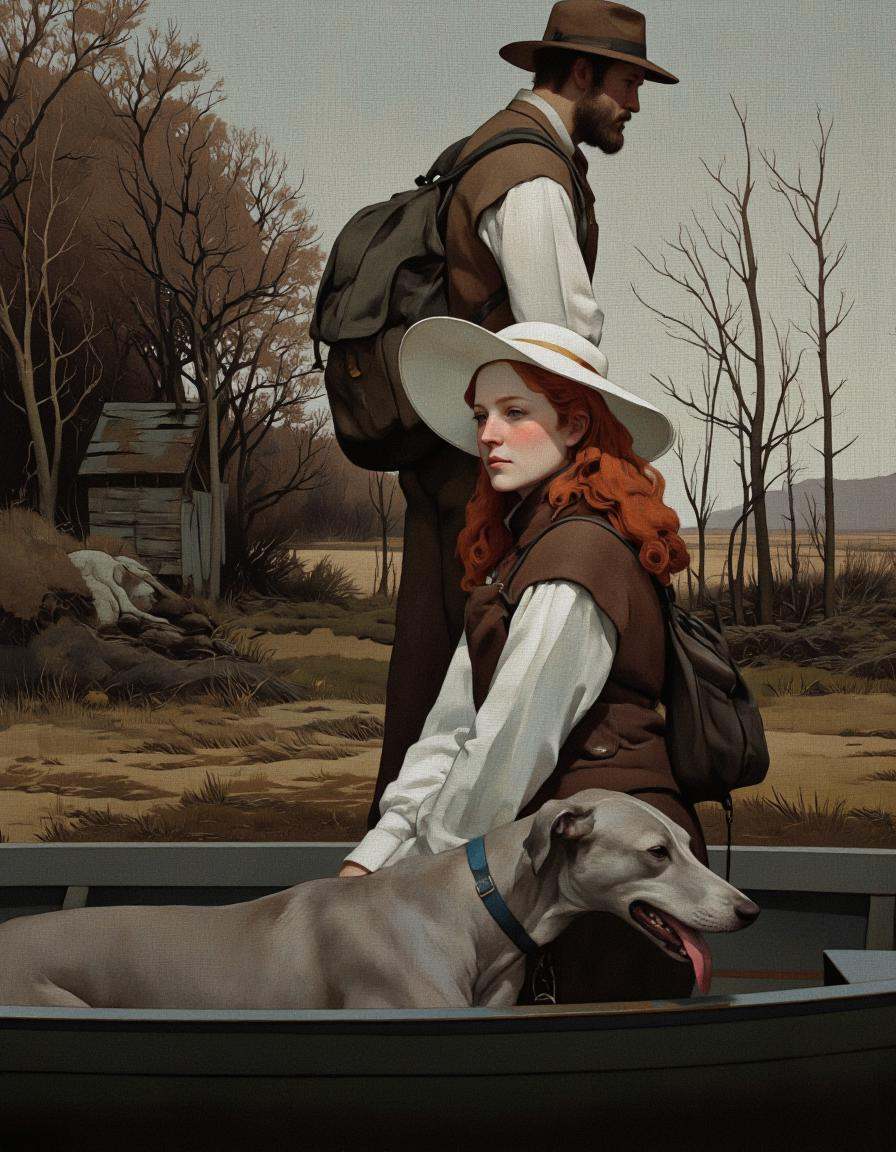 BSMD2 style. A digital illustration shoot from the side about a scene depicting a woman and a man in a boat,  accompanied...