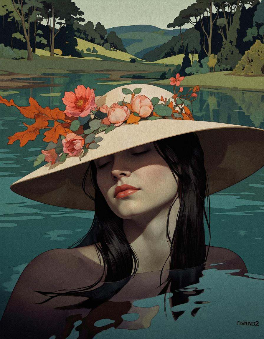 BSMD2 style. A digital illustration of a woman submerged in water,  wearing a wide-brimmed hat adorned with flowers. the w...