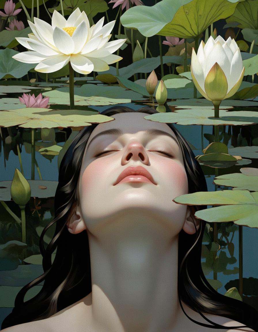 BSMD2 style. A digital illustration shoot from a close-up camera angle about a woman submerged in water surrounded by lily...