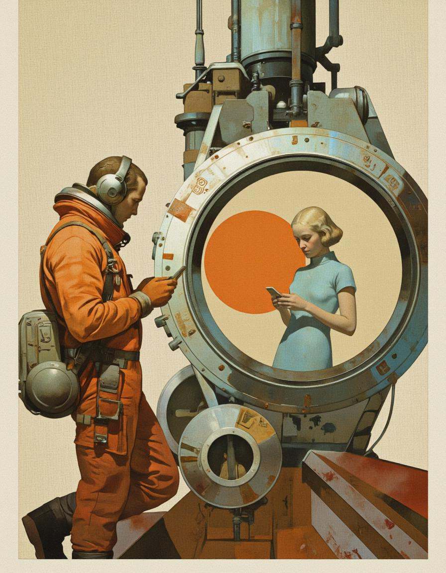 BSMD2 style. A vintage illustration from a side camera angle,  depicting a scene inside a spacecraft. a man in an orange s...