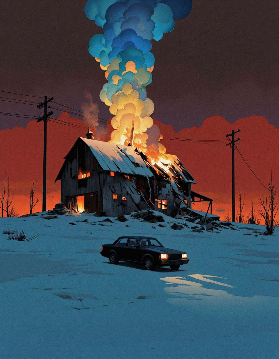 BSMD2 style. A surreal,  minimalist illustration from a low-angle perspective,  depicting a devastating scene of destructi...