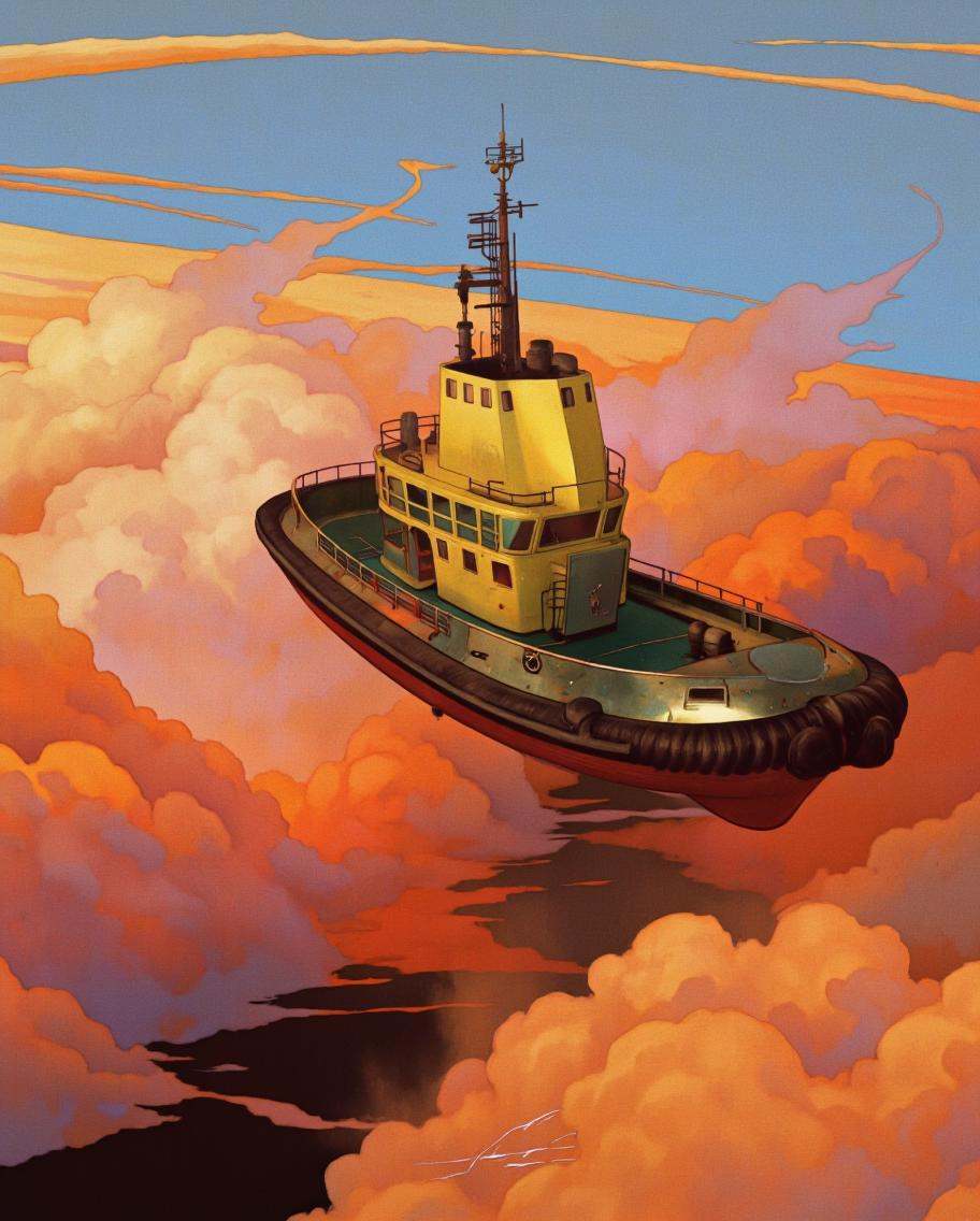 BSMD2 style. A digital illustration shoot from a low angle about a futuristic tugboat navigating through the clouds during...
