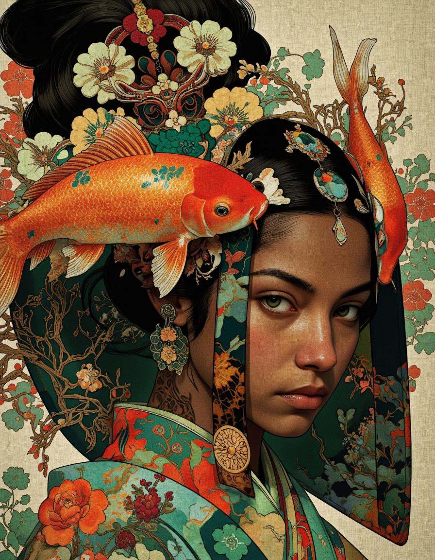BSMD2 style. A digital illustration shoot from a portrait angle about a woman with a unique headpiece adorned with koi fis...