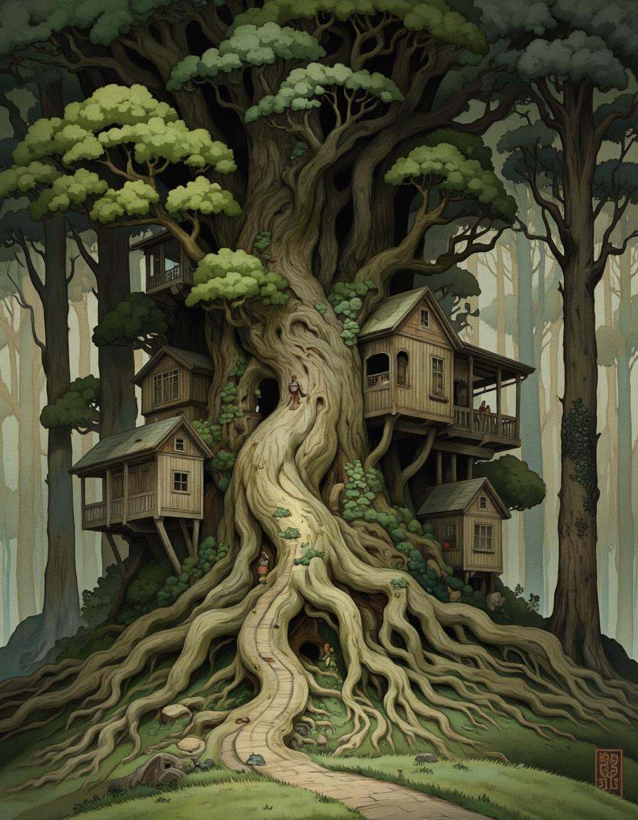 BSMD2 style. A whimsical and fantastical digital illustration from a perspective perspective,  depicting a serene and ench...