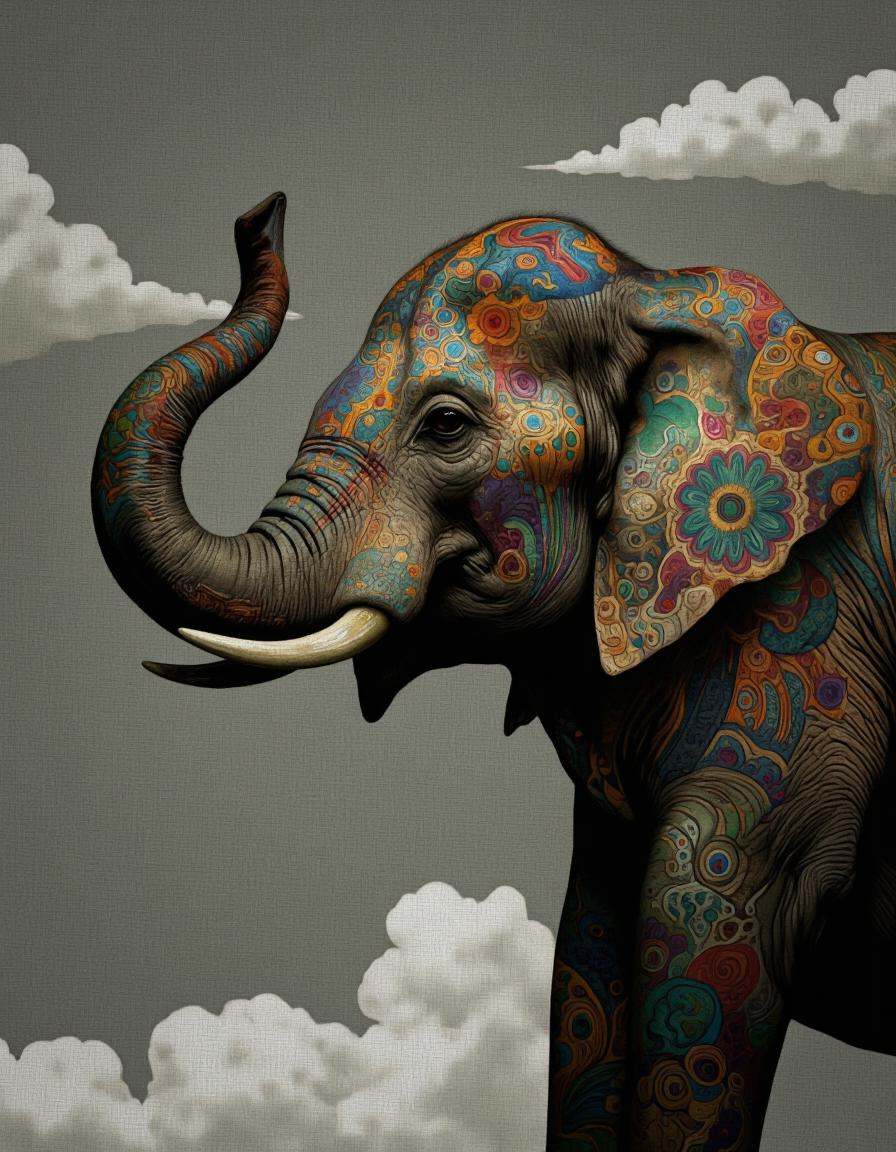 BSMD2 style. A digital illustration of an elephant with intricate patterns and designs on its skin,  set against a backdro...