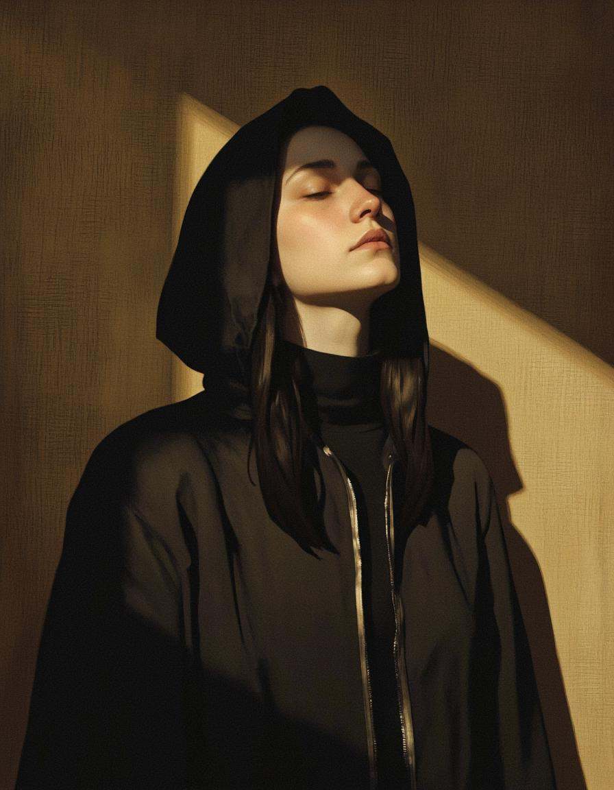 BSMD2 style. A photo-realistic portrait of a woman standing in the middle of the frame,  with a shadow cast behind her. th...